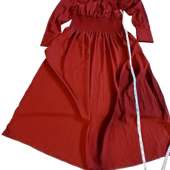 Future Collective Womens Red Long Sleeve Button-Up Smocked Waist Midi Dress M - Picture 5 of 10
